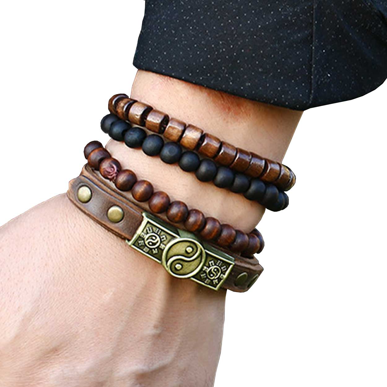Brown Leather Bracelets with Wooden Beads for Men, 4-Pack - Compatible with iPhone - Image 2