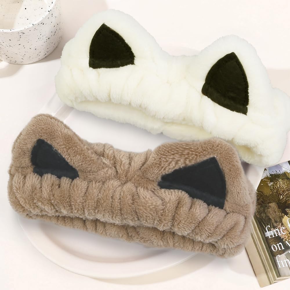 2 Packs Cute Cat Spa Headband for Washing Face Makeup Skincare, Animal Headbands for Women Girls Trendy Stuff Gifts Soft Coral Fleece Facial Wash Hair Accessories (Beige+ Khaki) - Image 4