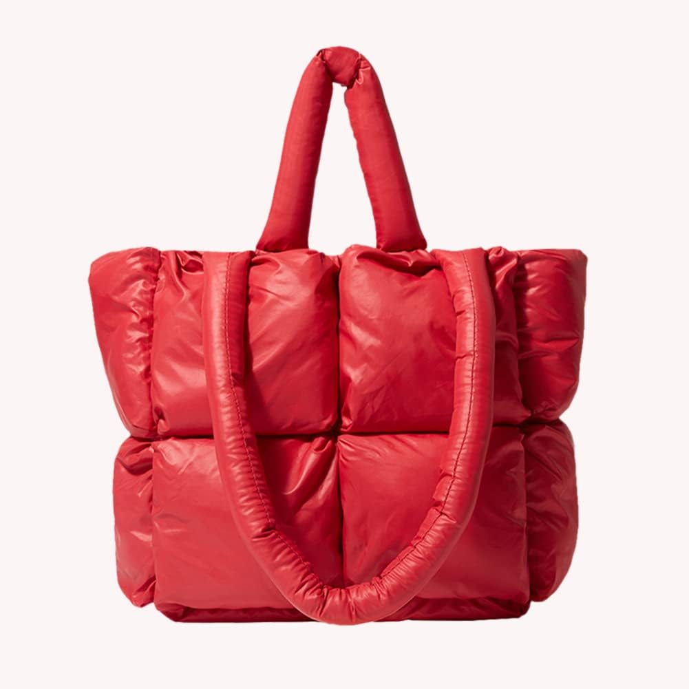 Large Quilted Tote Bag Lightweight, Checkered Shoulder Bag Casual Solid Color Underarm Bags Red - Image 4