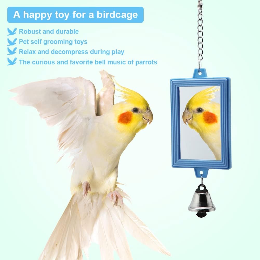 2-Piece Parrot Mirror Toy Hanging with Bells Pendant Bird Cage Accessories for Bird Parrot Budgie Parakeet Cockatiel Conure Lovebird Finch Canary Random Color ( 1pc Square +1pc Circle) … - Image 4