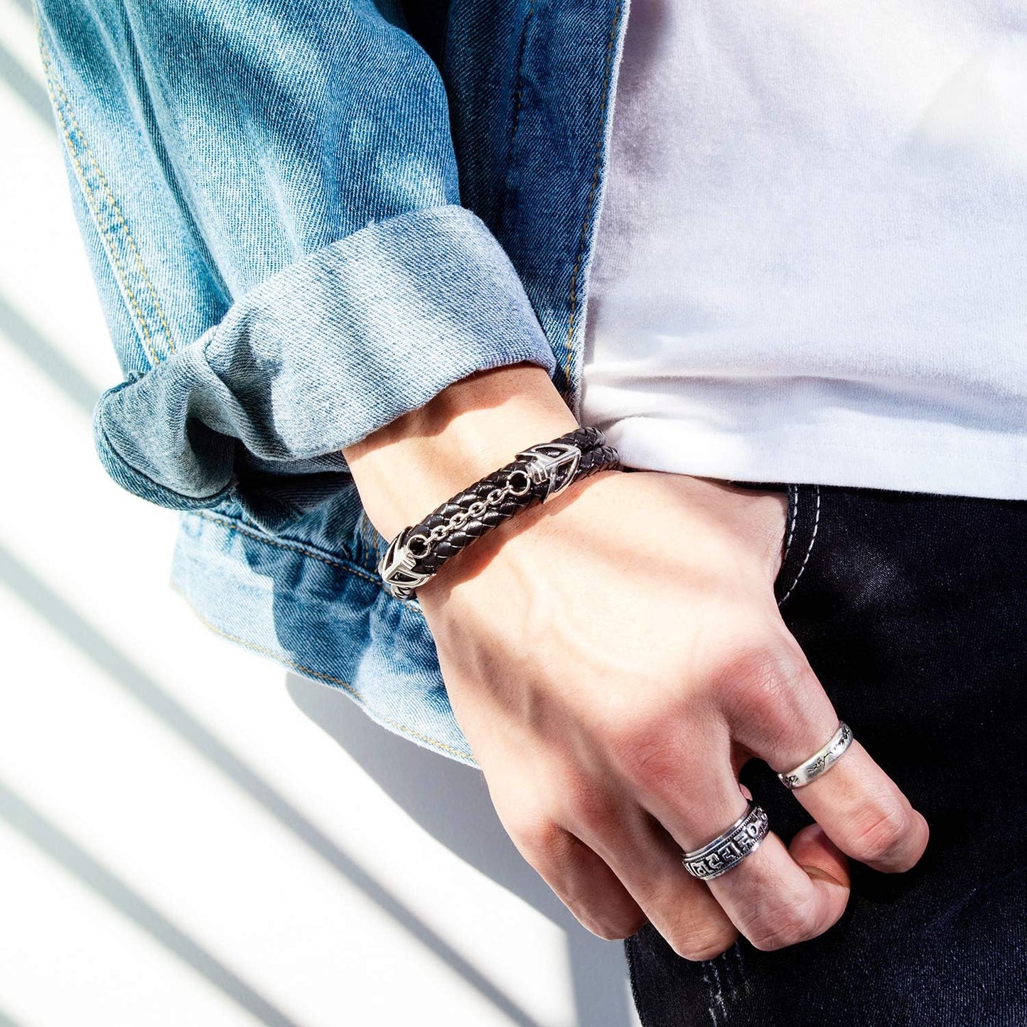 Mens Leather Bracelet with Stainless Steel Clasp Multi-Layer Braided Leather Mens Bracelet - Image 4