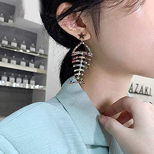 Multicolor Crystal CZ Fishbone Dangle Earrings for Women Statement Large Long Fish Skeleton Earrings - Image 4