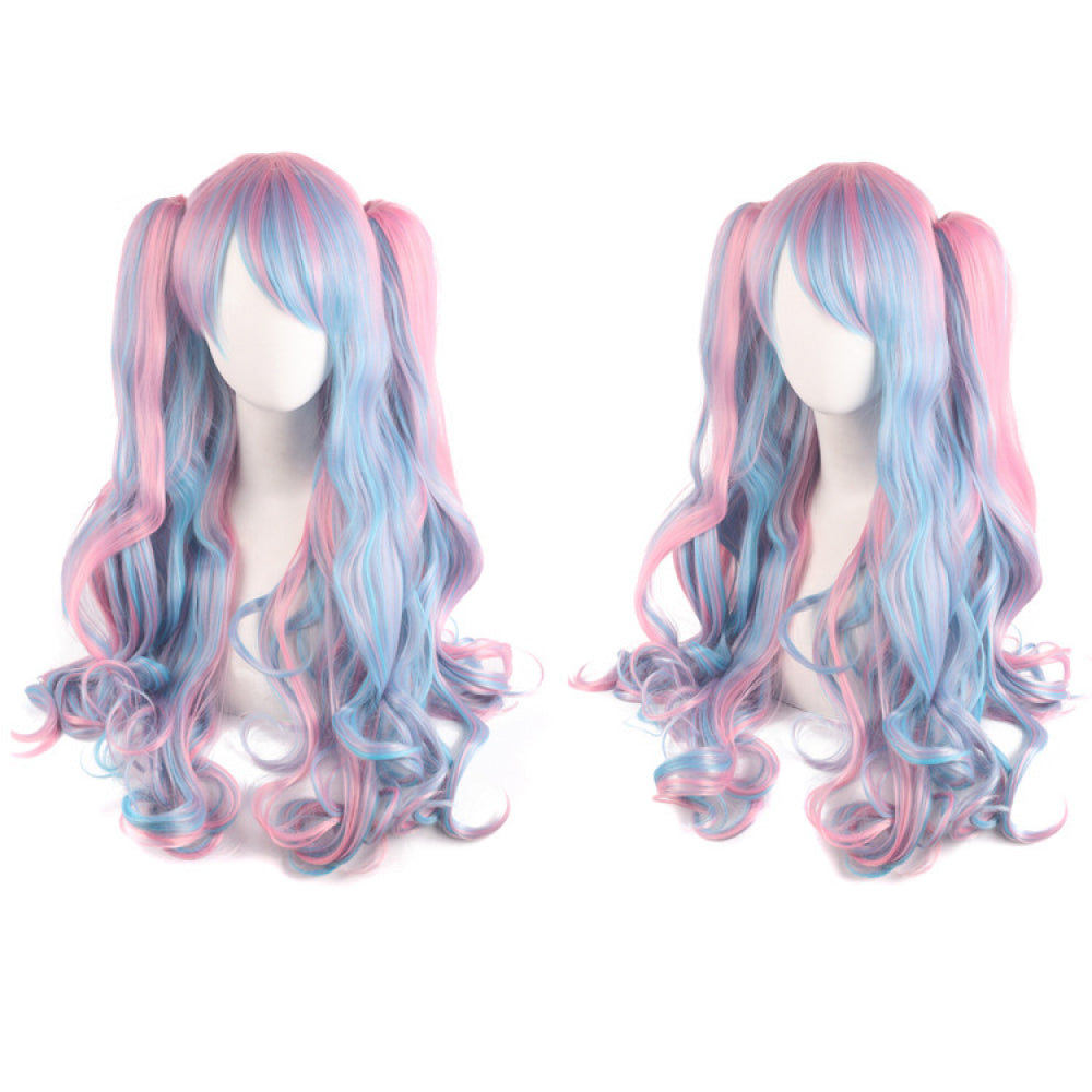 Lolita Clip-on Ponytail Wig Long Curly Double Ponytail Cosplay Wig Pink Blue Blonde - Image 2