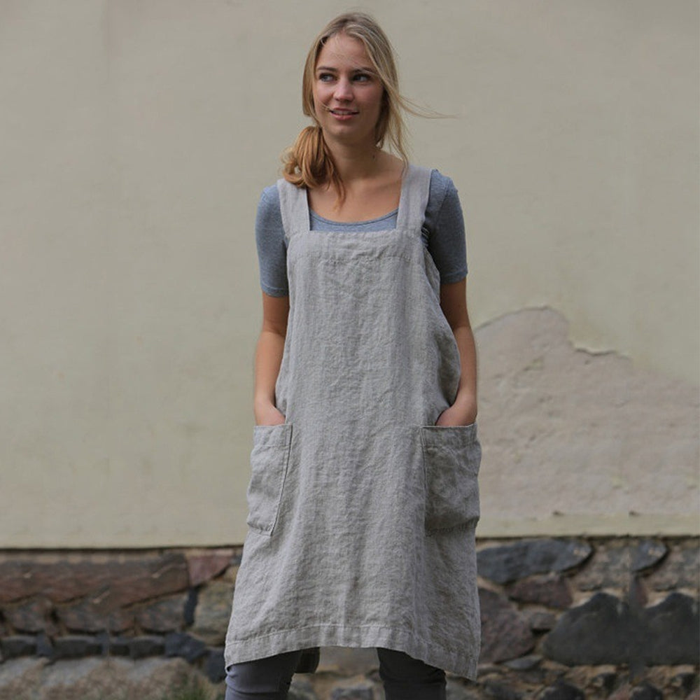 Gray Women's Cotton and Linen Apron with Cross Back and Large Pocket, Size M - Image 5