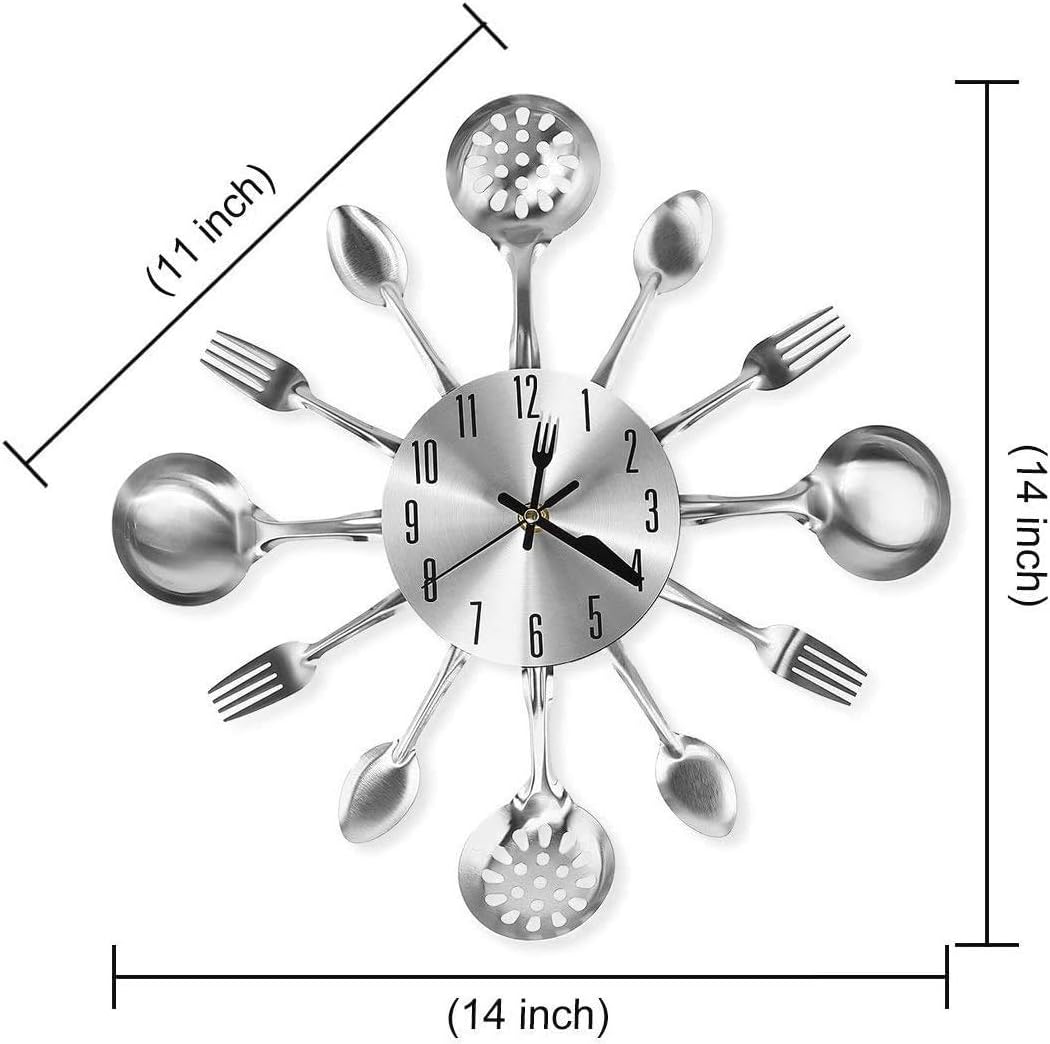 Metal Kitchen Cutlery Wall Clock 14 Inch with Fork Spoon 3D Non Ticking Quartz Watch Clock for Bedroom Home Decor,Silver - Image 4