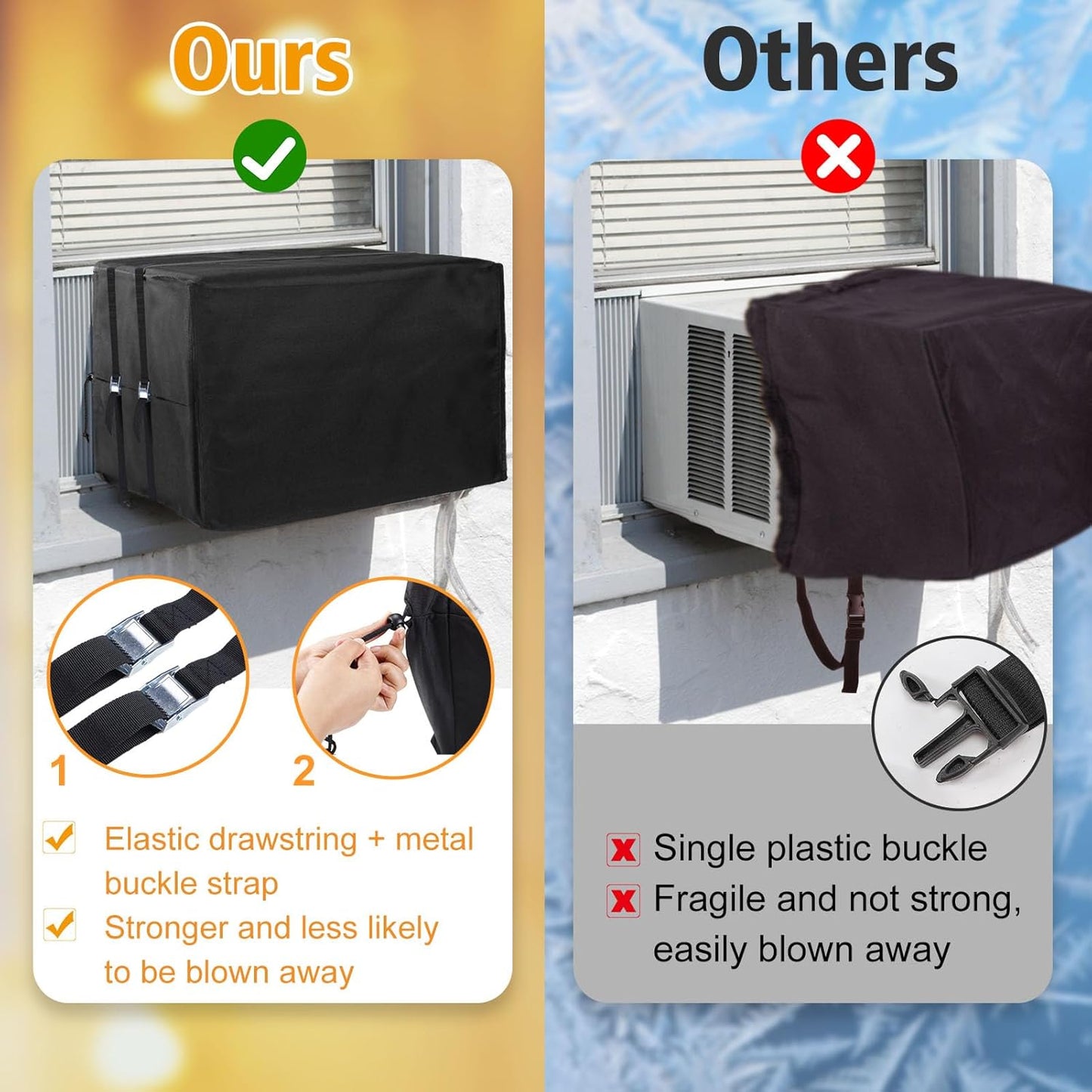 Air Conditioner Covers for Window Units - 3 Layers Insulation Outside AC Cover with Elastic Drawstring Metal Buckle Strap, Outdoor Winter Waterproof AC Canopy Sun Shade - 27.5 × 22.5 × 18.5 Inch - Image 4
