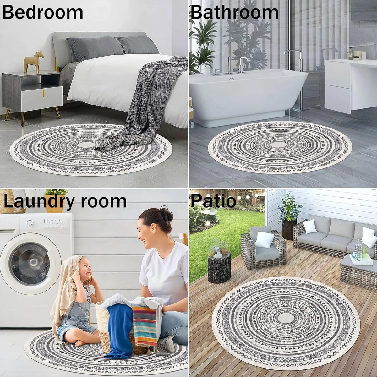 Moroccan Style Grey Round Woven Cotton Washable Absorbent Rug 120cm with Fringes - Image 5