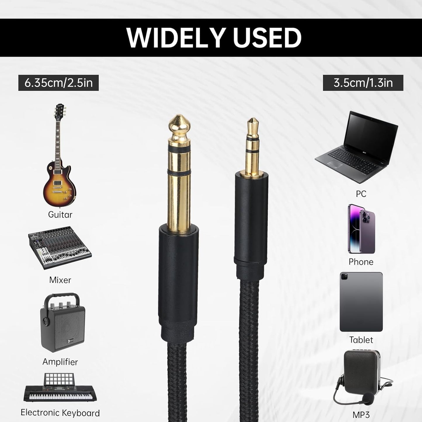 2 Pack 1/8 to 1/4 Stereo Audio Cable, 3.5mm TRS to 6.35mm Audio Cable 4Ft Stereo Cable Braided Hi-Fi Sound Bidirectional Stereo Audio Adapter Jack for Home Theater Devices Guitar Laptop and Amplifiers - Image 4
