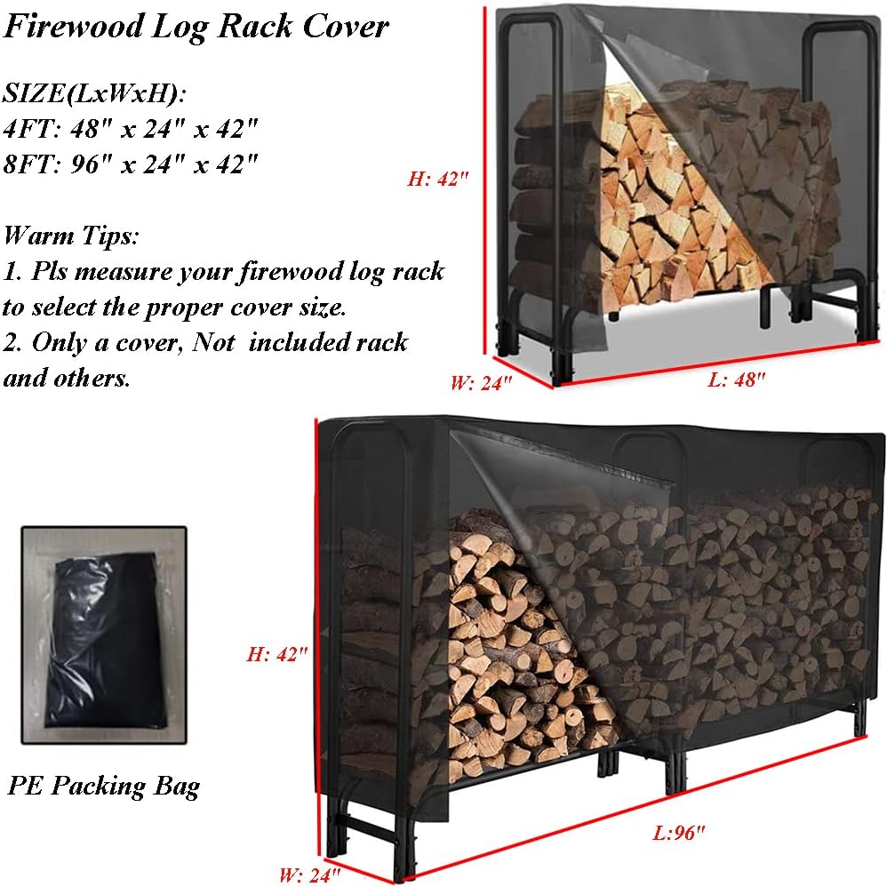 Firewood Log Rack Cover 4ft / 8ft Heavy Duty Waterproof Wood Pile Outdoor Patio Garden Fireplace Holder Fire Storage Covers (4FT: 48" x 24" 42") 4FT: 42" - Image 4