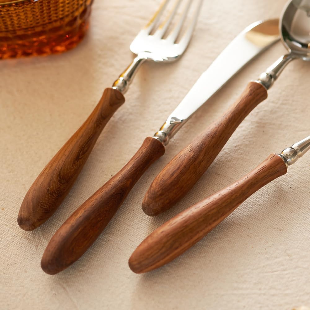6-Pieces Wood Handle Flatware Set 18/10 Stainless Steel Silverware Cutlery Set with Wooden Handle Kitchen Restaurant Tae Utensil Set Spoons Forks Knives Set Service for 1 - Image 4