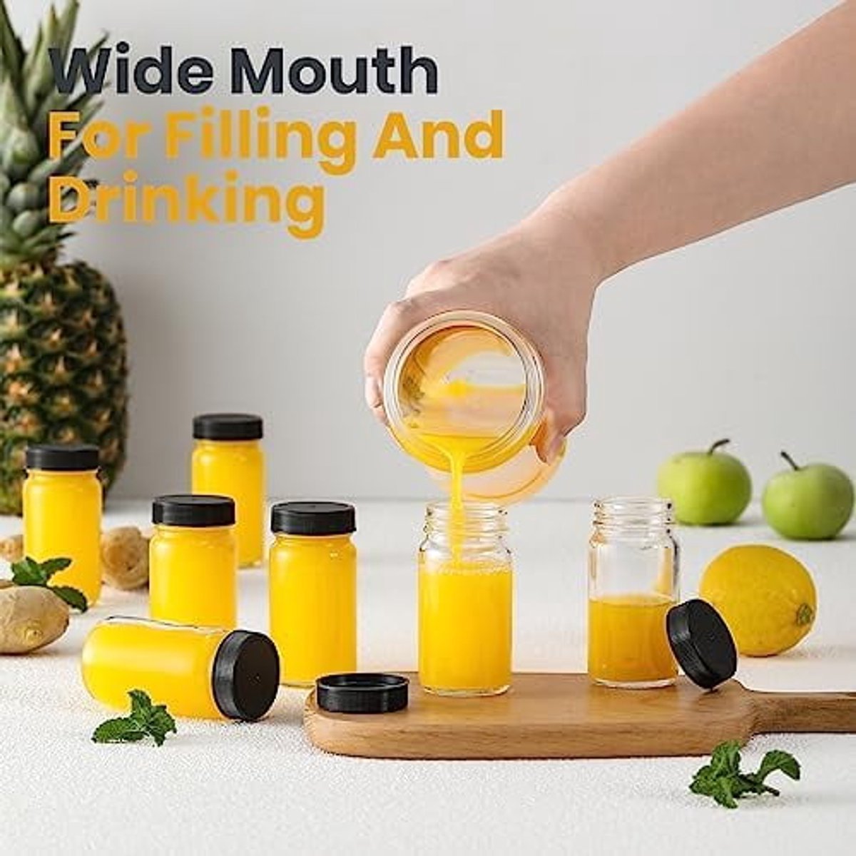 Glass Jars with Lids - 15 x 2 oz Jars - Includes 15 Labels - Clear - Perfect for Ginger Smoothies, Health Drinks, Juices, etc. - Travel Essential - Wide Mouth Design - Leak-Proof - Dishwasher Safe - Image 5