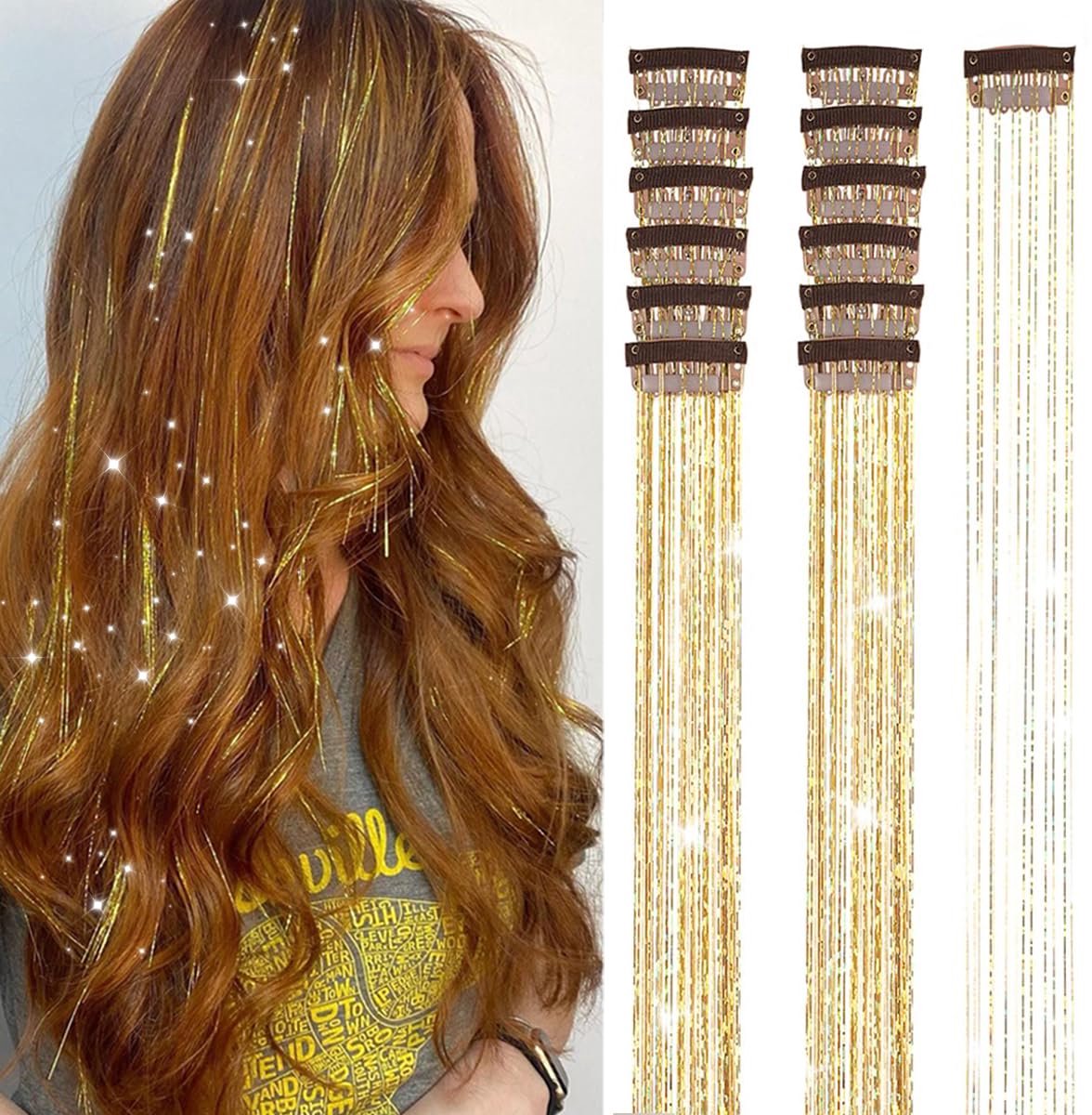 Hair Tinsels - Festival Glitter Hair Extensions - Glittery Hair Extensions - 12-Piece Clip-On Hair Accessory Set - 52cm, for Christmas and New Year, Glittery Hair Extensions, Suitable for Women, Girls and Children (Gold)