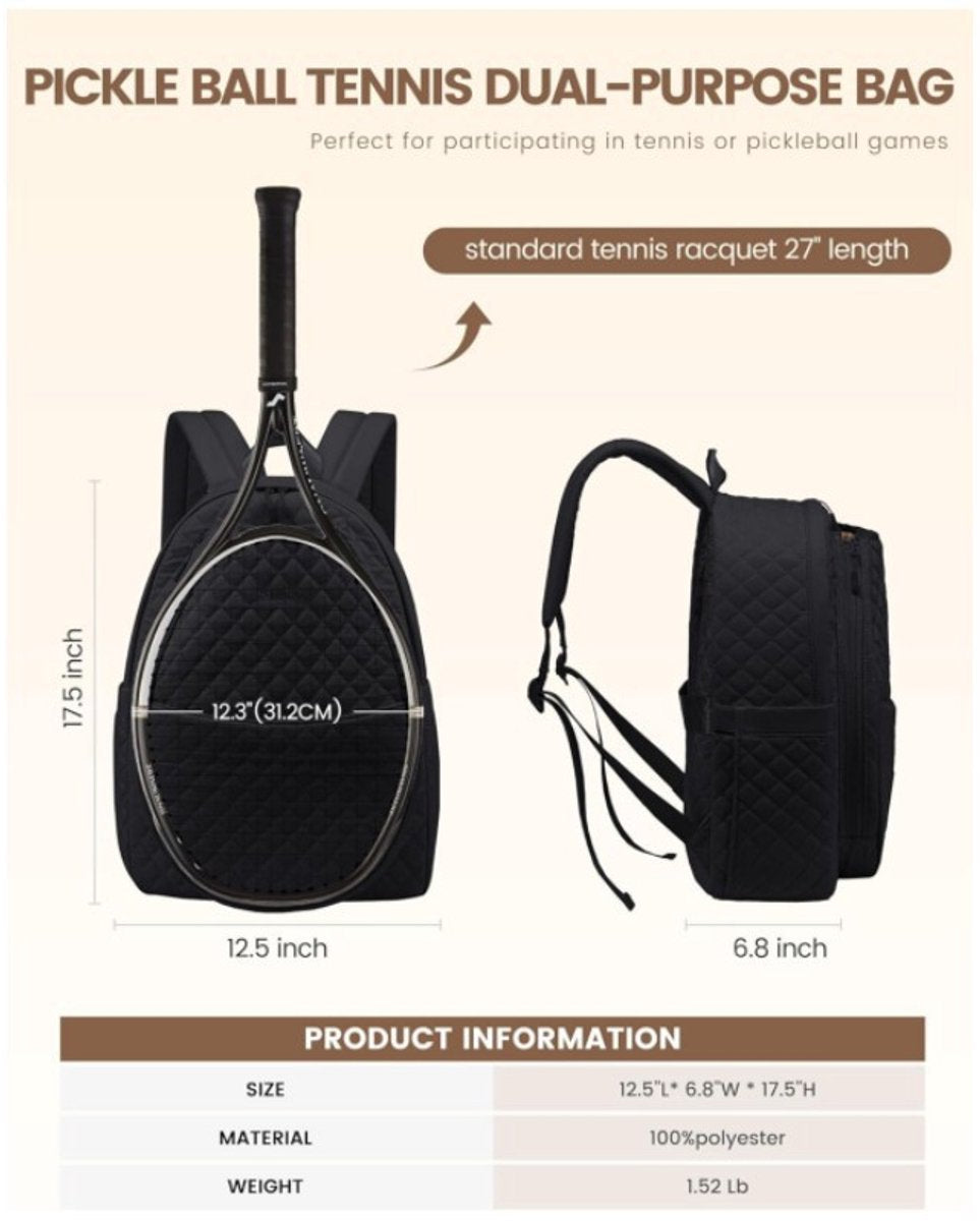 Backpack - Tennis Shoulder Crossbody Bag - Sports Bag - Waterproof Racket Bag - Suitable for Pickles and Badminton - Black - Image 5
