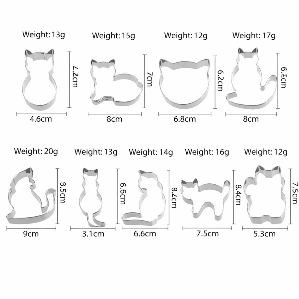 Cookie Cutters Cat - 9 Piece Set - Stainless Steel Baking Cup Set - Cat Shaped Cookie Cutters and Baking Tools - Enjoy cooking with your kids. - Image 6