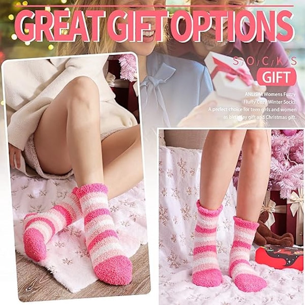 Socks - Women's lounge socks (6 pairs) - Women's fluffy socks - Floor socks - Women's fleece socks - Comfortable winter socks - Thick pink - Image 4