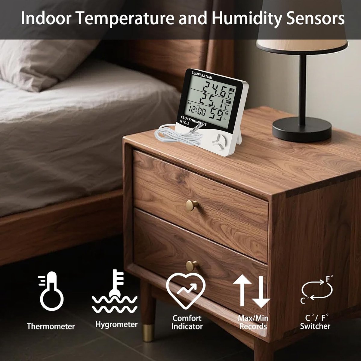 HTC-2 Indoor/Outdoor Temperature/Hygrometer - Digital Temperature and Humidity Sensor for Home - Portable with Time Display - Suitable for Temperature and Humidity Monitoring - Image 6