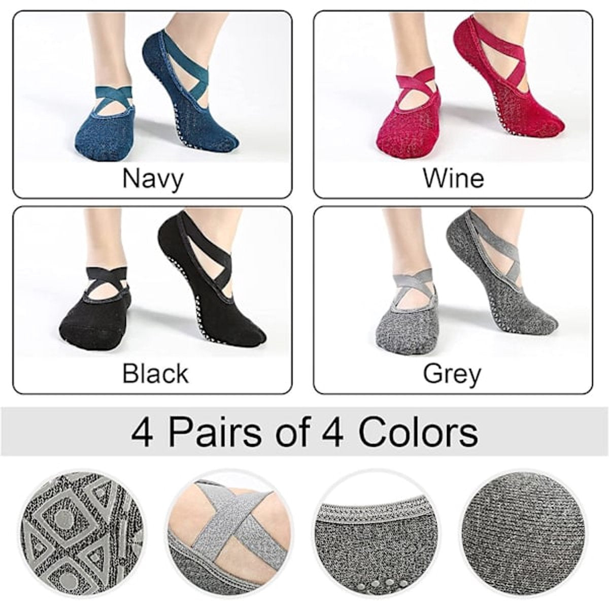 4 pairs of socks - yoga socks - non-slip socks - floor socks - yoga sports socks - one size fits all - suitable for ballet, dance, sports - red, blue, black, gray - Image 5