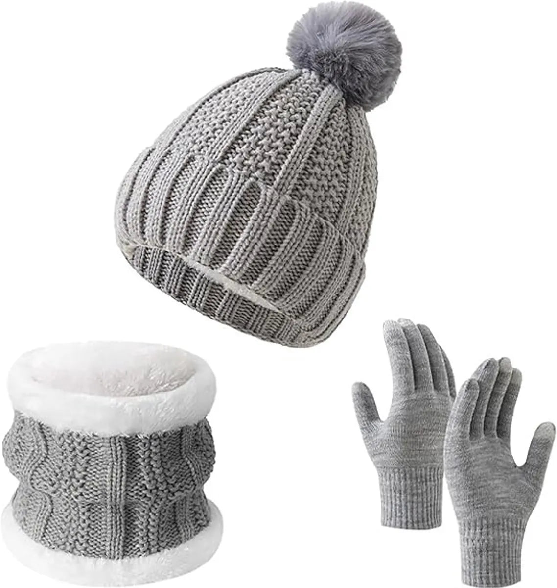 Gloves, hat and scarf - three-piece set - winter knitwear - lined with fleece and thickened - warm and cold resistant - gray