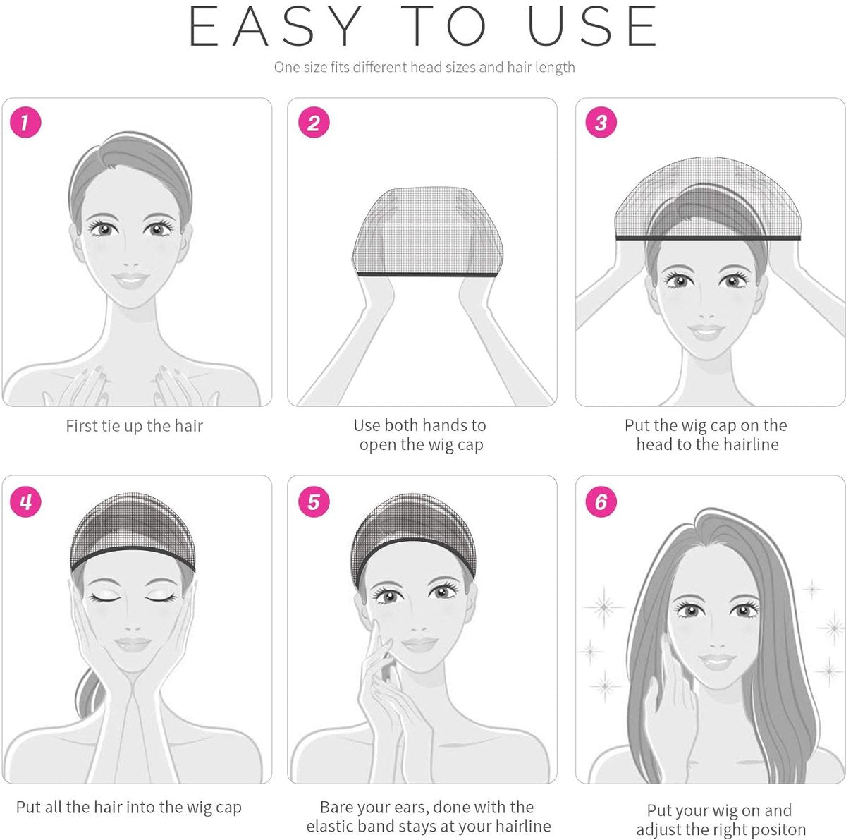 6-Pack Wig Caps - Black Elastic Wig Caps - Suitable for women, girls and children. - Image 6
