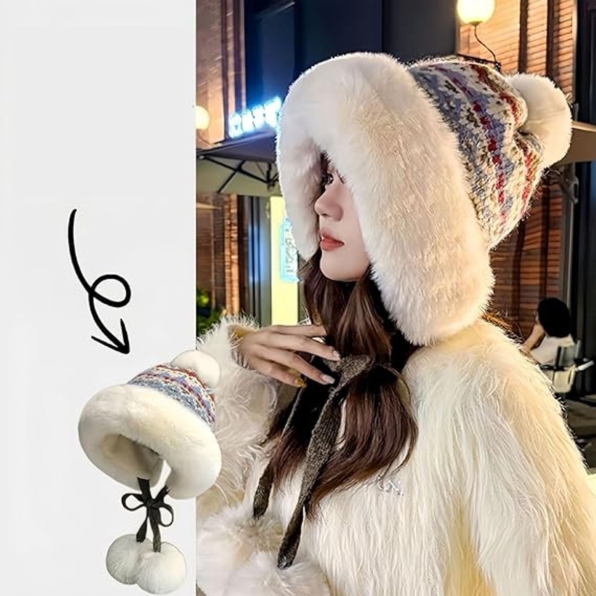 Hat - Thick wool knitted women's hat - Women's winter hat - Winter hat with pompoms - Warm wool lining - Aviator hat with earflaps - Christmas gift - Birthday gift (khaki) - Image 3