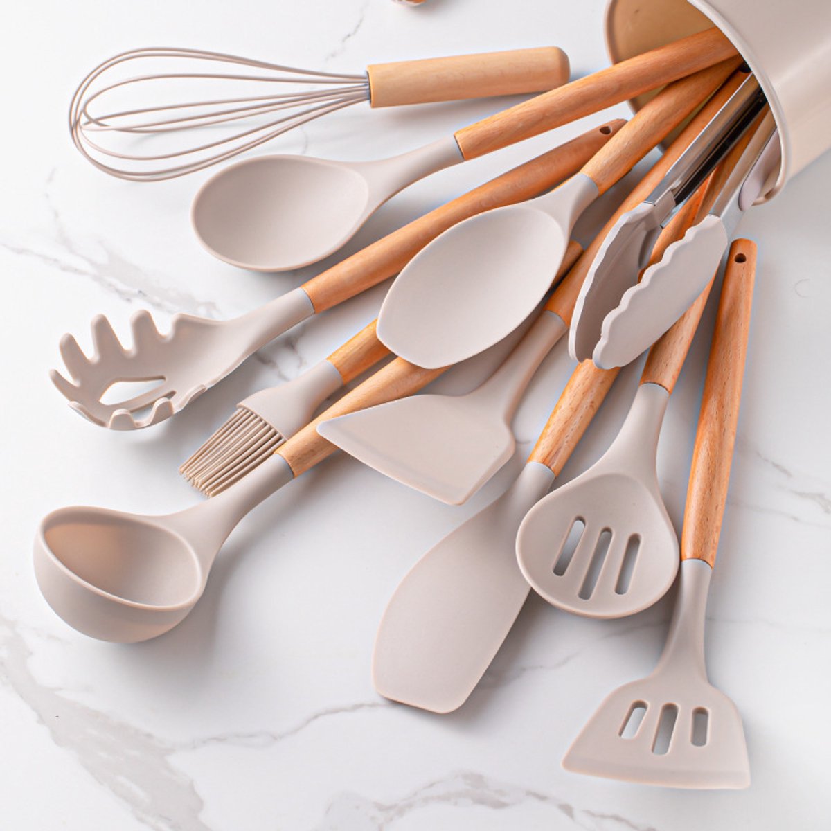 Set of 12 Silicone Kitchen Utensils with Wooden Handle - Storage Bucket - Non-Stick Pan & Kitchen Utensils - Cooking Spatula and Spoon Set - Image 4