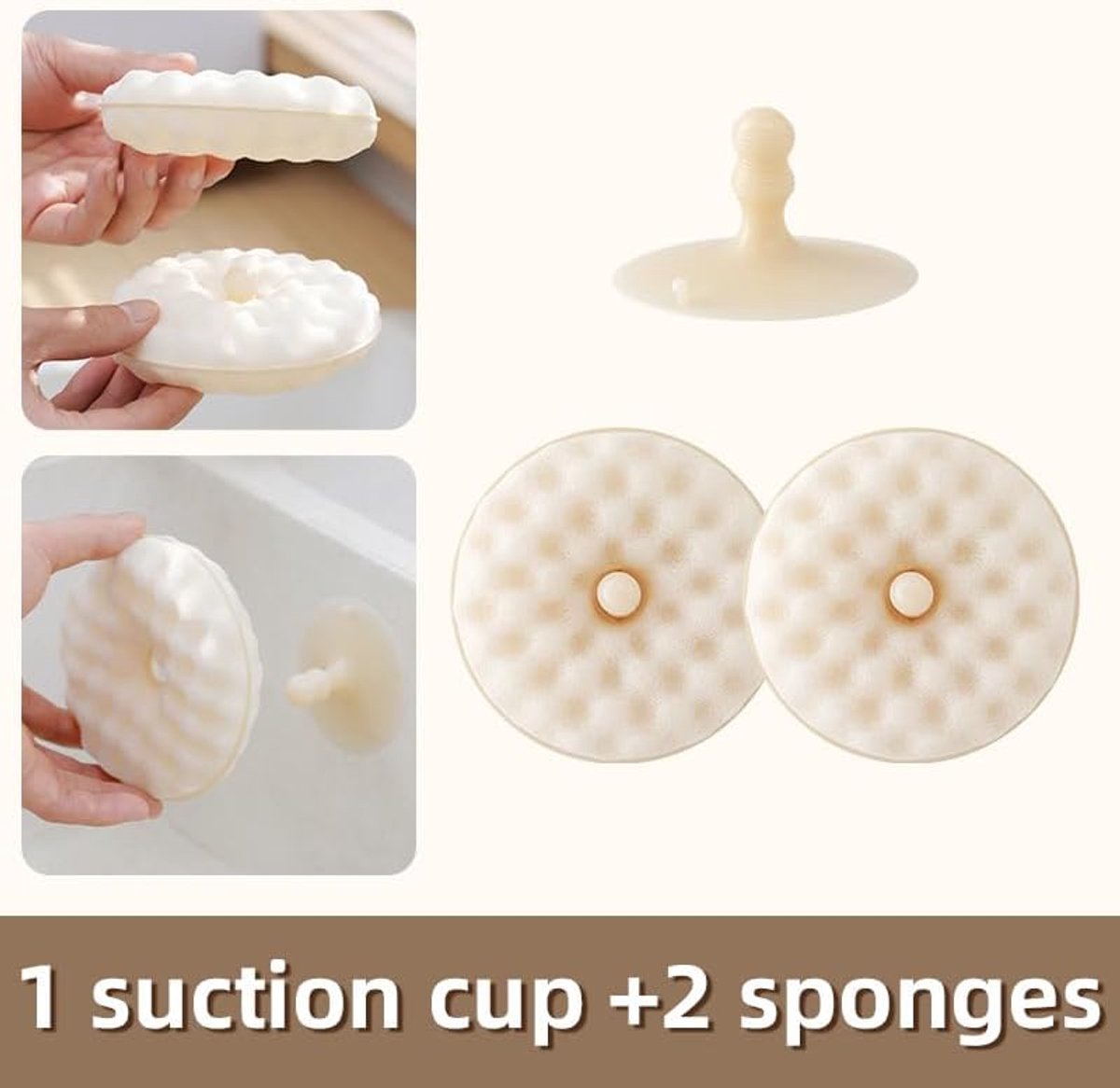 Double-Sided Dishwashing Brush - Sponge Brush with Suction Cup - 1 Base + 2 Refillable Sponges - Scratch-Free Kitchen Brush - Beige - Image 6