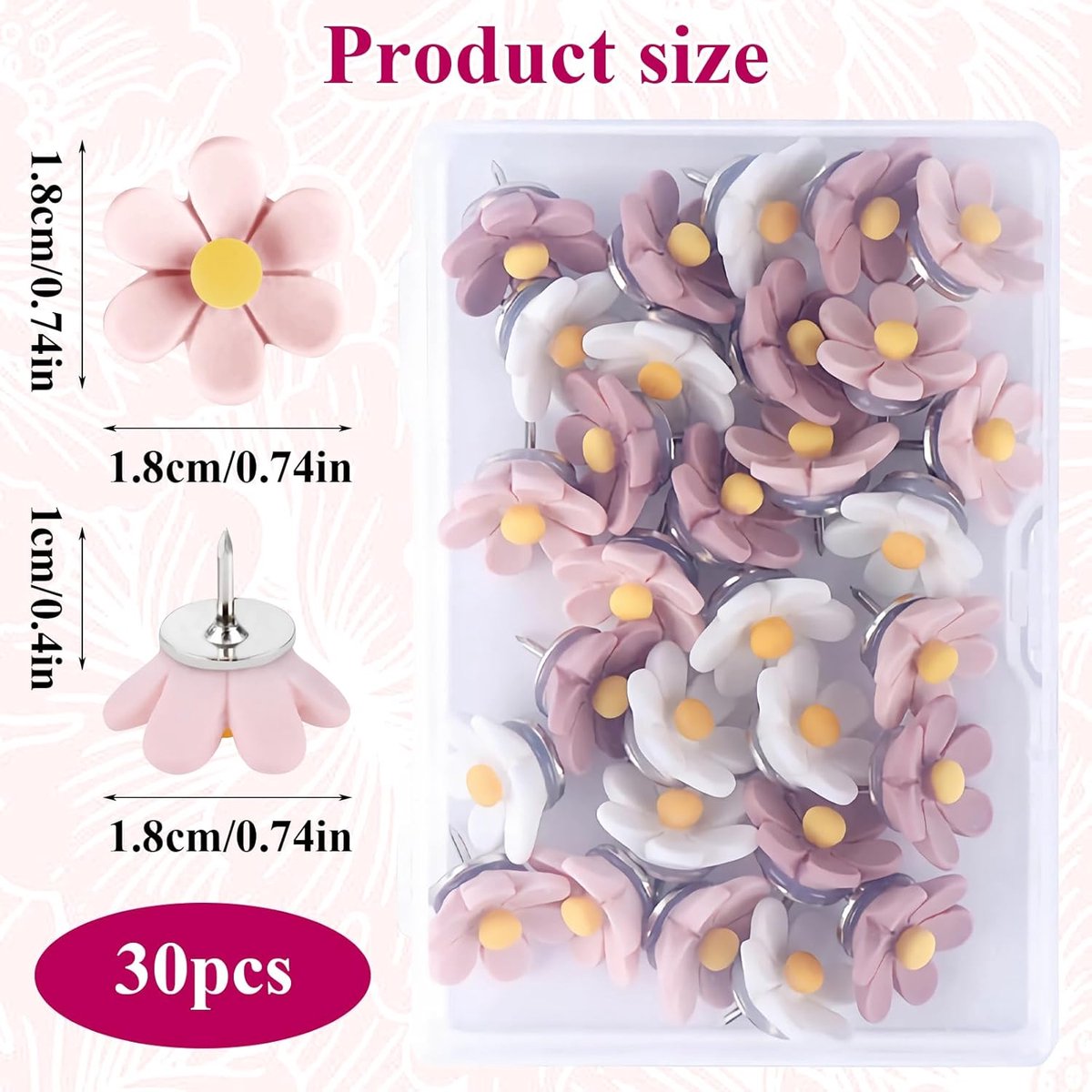 Push Pins - 30 pieces - Flower-shaped push pins - Flower pins for notice boards - Pin board pins - Decorative push pins - Suitable for notice boards, offices, schools and home use. - Image 7