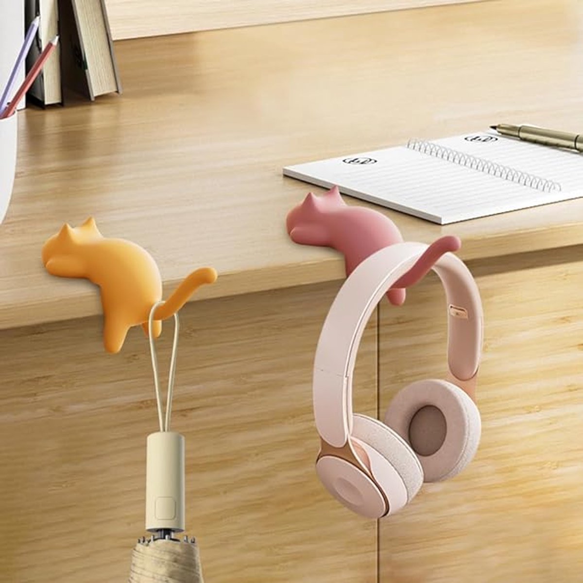 Hooks - 4-Pack - Cat Shape - Backpack Hooks - Non-Slip Hooks - No Drilling Required - Compact and Portable - Suitable for office, home, etc., and can also be used for home decoration. (Black + Off-White + Yellow + Pink) - Image 6