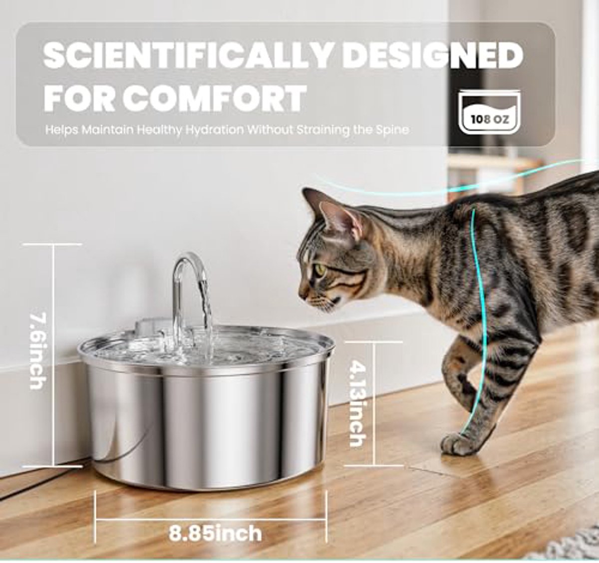 Cat Drinking Fountain - Quiet Drinking Fountain for Cats - 3.2L Stainless Steel Water Fountain with Filter - Cat Water Fountain - Cat Drinking Bowl - Includes 4 Cat Fountain Filters - for Cats and Dogs - Image 6