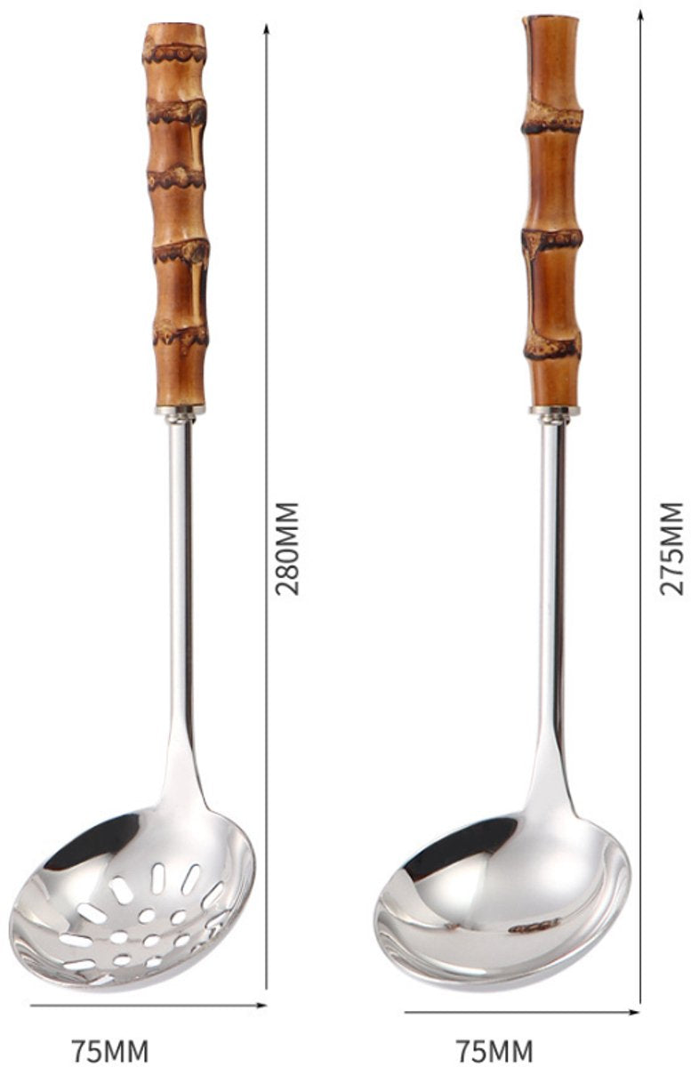 Spoons - 2-Piece Set - Stainless Steel Soup Spoon with Bamboo Handle - Long Handle Soup Spoon - Soup Spoon - Strainer - Strainer Set - Durable and Comfortable Kitchen Utensils - Image 8