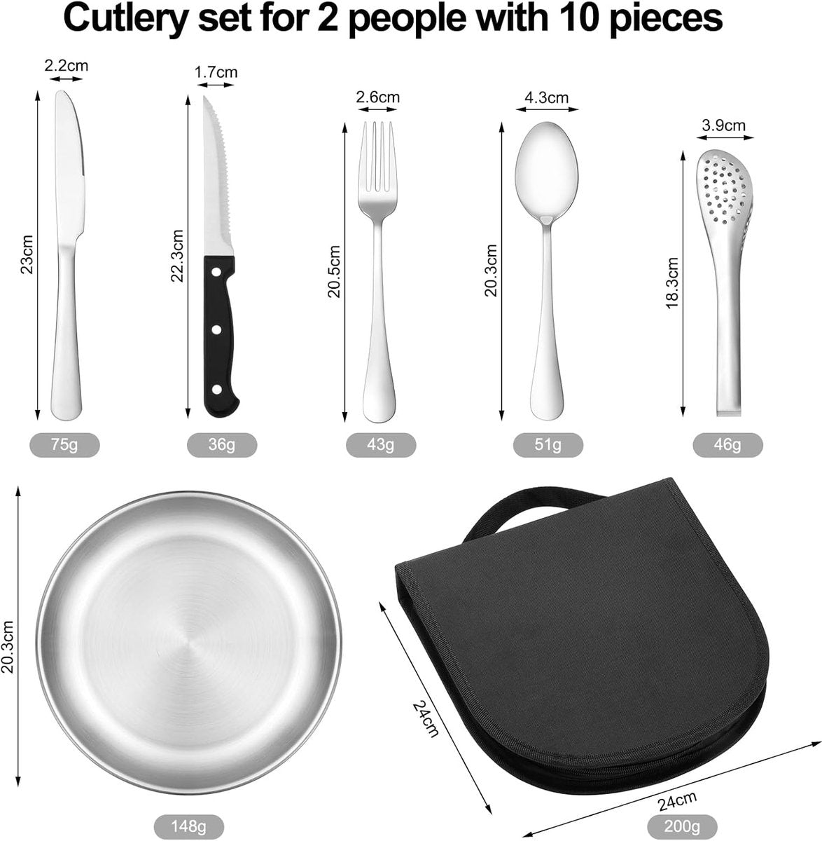 2 Person Cutlery Set (10-piece) - Camping Set for 2 People - Spoons, Knives, Forks, Steak Knives - 10 Pieces Stainless Steel Cutlery - Including Carrying Bag - For Picnic & Travel - Silver - Image 6