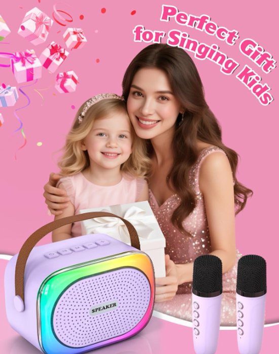 Karaoke set for kids - Portable Bluetooth speaker for car - Equipped with 2 karaoke microphones - Voice changer and LED lights - Ideal birthday gift for teenagers and children - Purple - Image 4