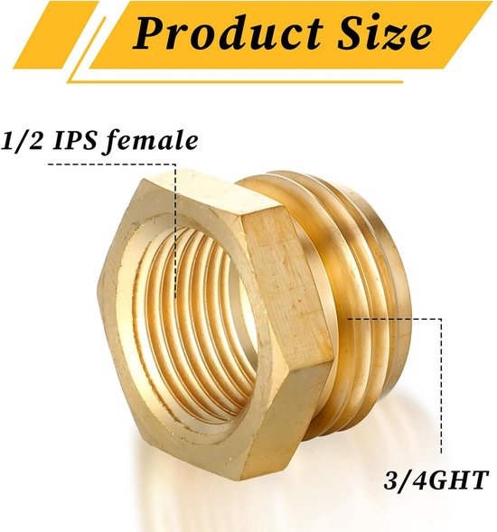 2-Pack - G 1/2" BSP Female to GHT 3/4 Male Hose Connector - Brass Garden Hose Connector - Threaded Pipe Connector - Hose Connector, Water Hose Connector, Garden Hose Connector - Image 4