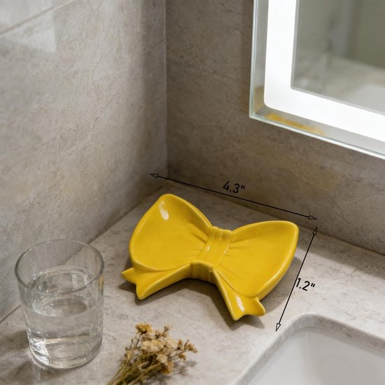 Bow Soap Dish - Ceramic Soap Organizer with Pink Bow - Bathroom Decor, Sponge Holder for Sink, Jewelry Storage Box, Bathroom Countertop Accessories (Yellow) - Image 7