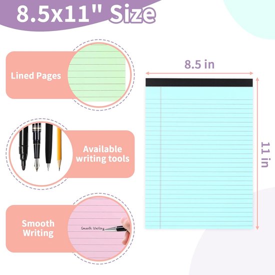Coloured notepads, set of 3 writing pads 29.5 x 21.4 cm, with micro-perforation and sturdy back, broad lines, 50 sheets per pad, ideal for school, university, office and professional use (blue/pink/green) - Image 6