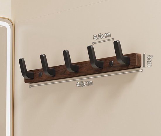 Coat rack - Wall coat rack - Coat rack with hooks - Storage rack - 45 × 3 cm - Wooden coat rack - Walnut - 5 hooks - Walnut wood color - Image 4