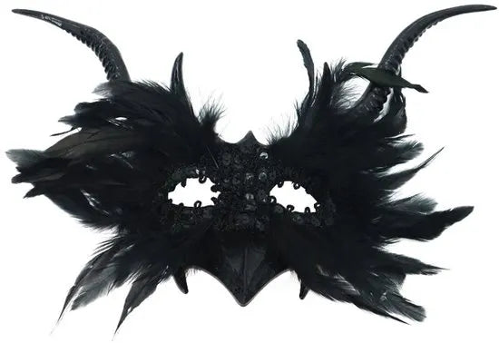 Mask - New for Halloween - Gothic - Mask with decorative feather lace - Devil's horn mask - Role-playing prop - Black