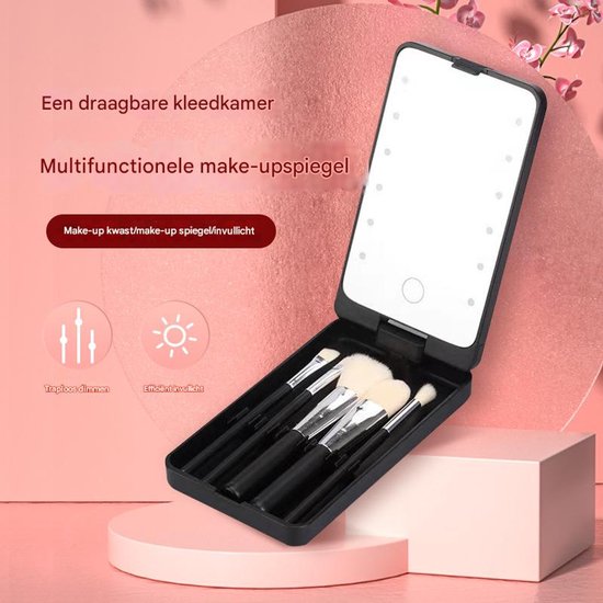 LED Makeup Mirror - Lighted Mirror - Set of 5 Makeup Brushes - Makeup Brush Storage Box - Cover - Dustproof - Black - Image 4