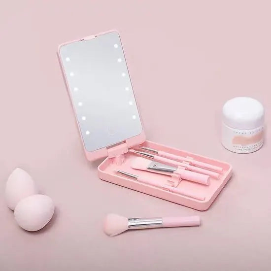 LED Makeup Mirror - Lighted Makeup Mirror - Set of 5 Makeup Brushes - Brush Storage - Cover - Dustproof - Pink - Image 3