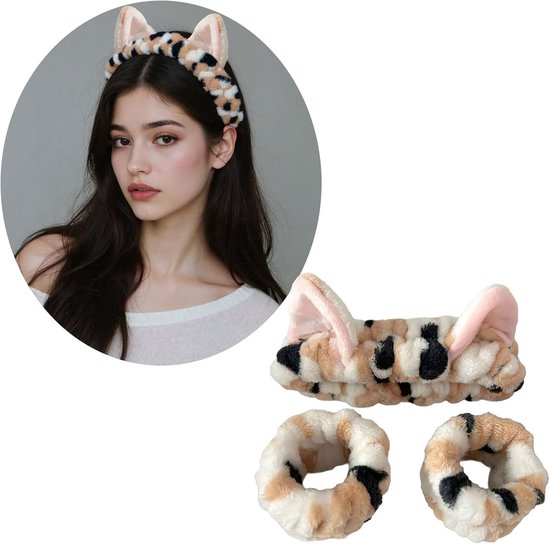 Headbands - 3-Piece Set - Wristbands - Cute Cat Headbands and Wristbands - Designed for Women - Face Cleanser and Makeup for Girls - Plush Hair Ties and Grooming Accessories - Image 3