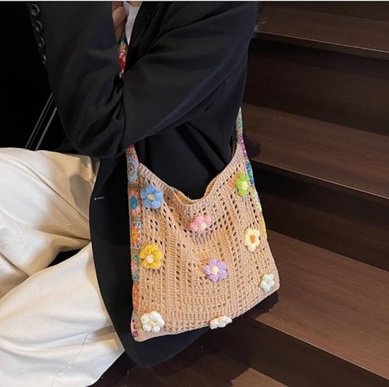 Women's shoulder bag - Embroidered bag - Handmade crocheted fabric bag - Colorful patterns - Perfect for shopping and holidays - Khaki - Image 6