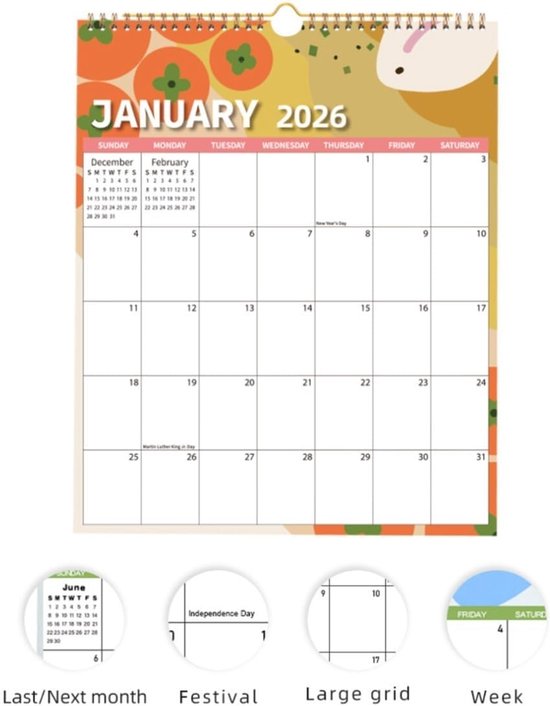 Calendar 2026 - Hangable 12 Months - Calendar - With wire-o-binding - Yearly calendar - Monthly planner - Wall calendar - 37 x 30cm - Nutrition patterns - Image 5