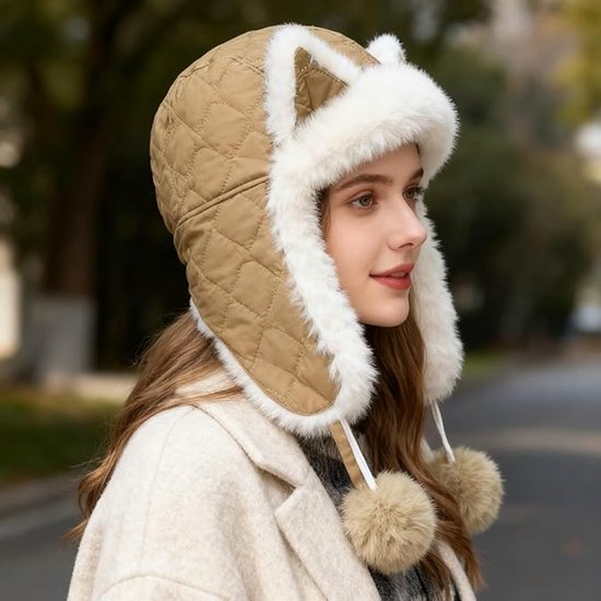 Fleece winter hat - Warm hat with thickened ear flaps - Soft, comfortable and frost-resistant - Stylish winter accessory - Color: Khaki - Image 5