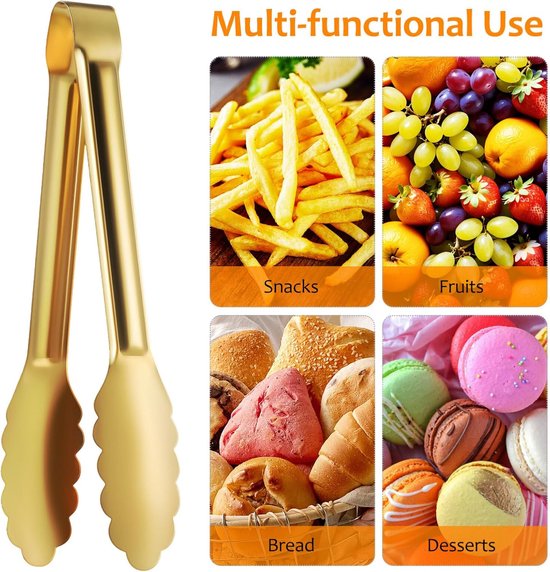 Bread Tongs - 4-Piece Set - Kitchen Tongs for Home Use - Gold Stainless Steel Serving Tongs - Grill Tongs - Steak Tongs - Kitchen Tongs - For Cooking, Salads, Buffets, Appetizers and Desserts - Image 7