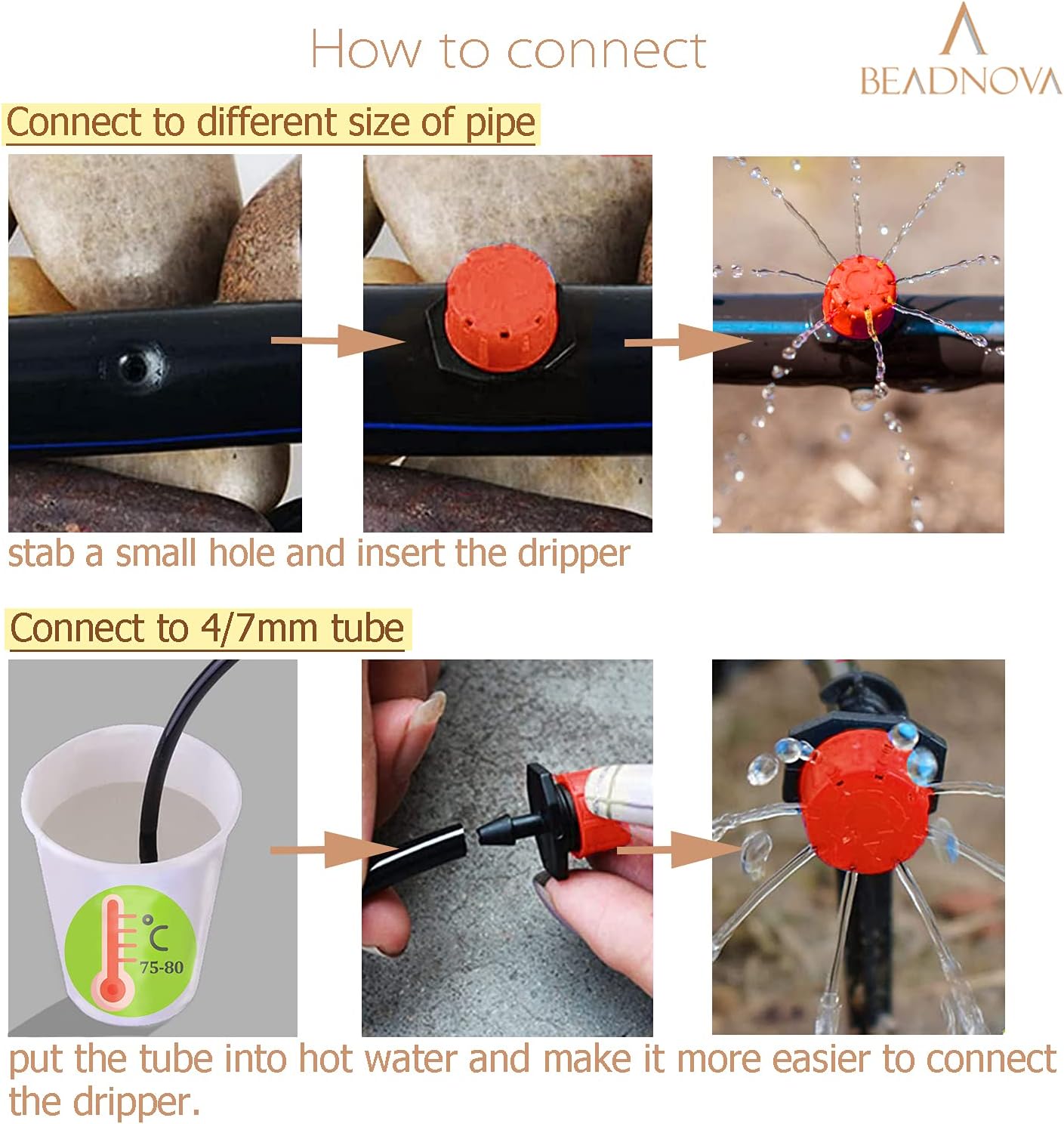 Drip Irrigation Emitters 50 Pieces Irrigation Drippers 360 Degree System Emitters Sprinklers Drip Irrigation 1/4 Inch Pipe Gardening (Red) - Image 5