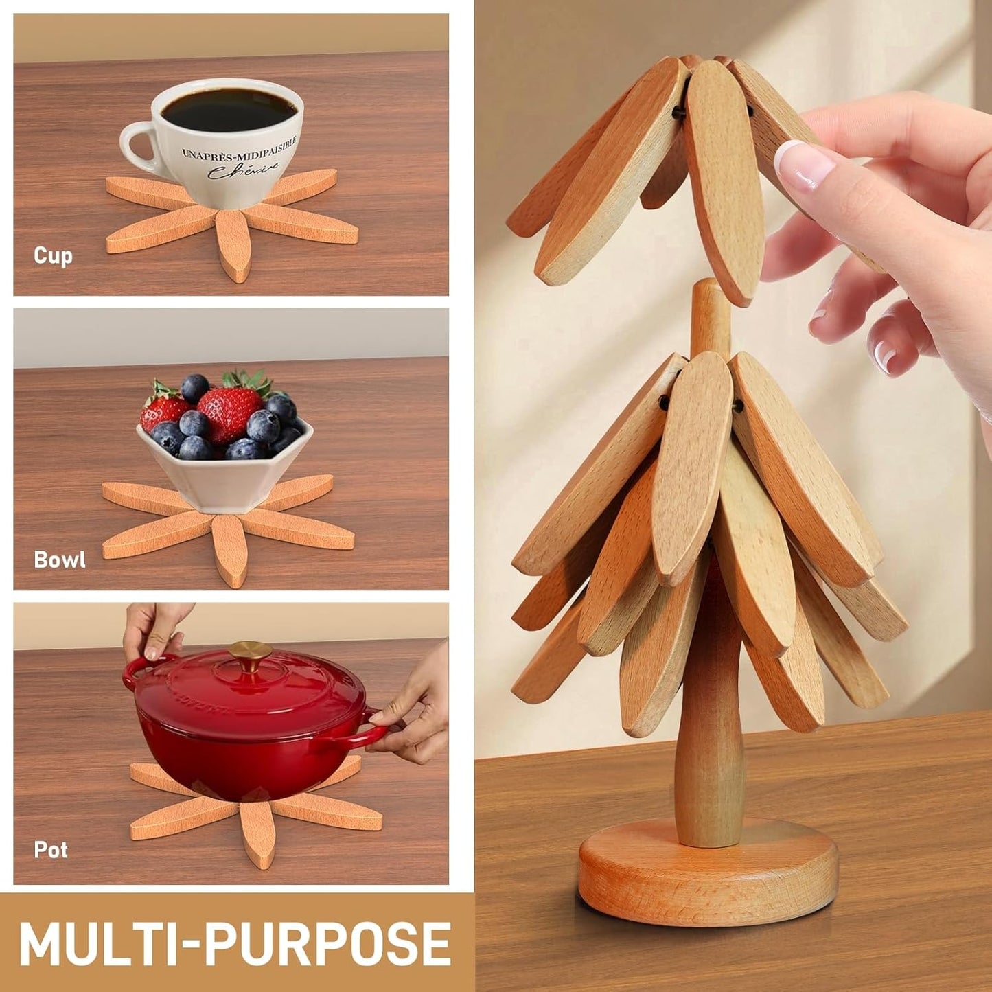 Tree Shape Coasters - Wooden Set of 4 - Protection and Decoration - For Kitchen - Image 5