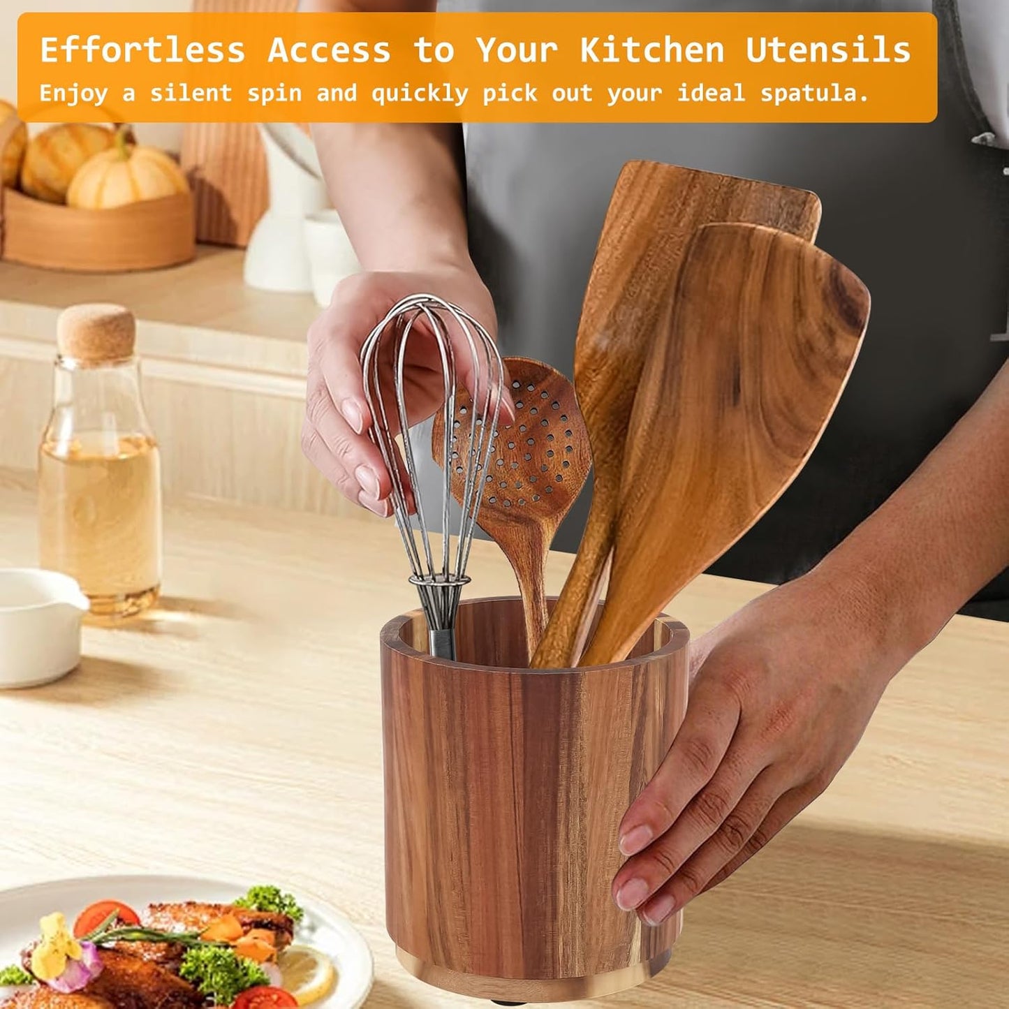 Kitchen Utensil Holder - Acacia Wood with 360 Degree Rotatable - Suitable for 15-20 Pieces - With Non-Slip Bottom - Round Organizer - Image 5