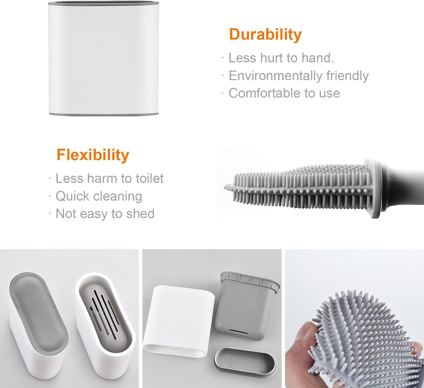Toilet brush and holder - Deep cleaning silicone toilet brush - Flat toilet brush with long handle - Quick-drying toilet brush and holder - For bathroom - Floor/wall mounted - White - 11*8.5*13.8cm - Image 5