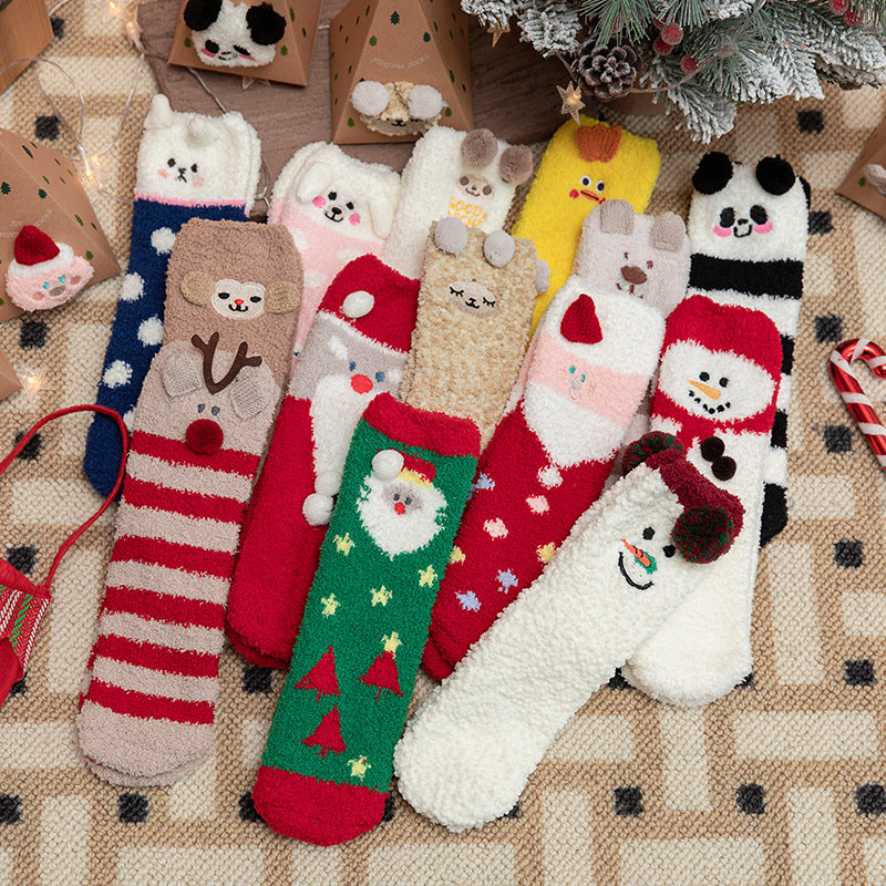 Christmas Socks - Mid-Tube Autumn and Winter Men and Women - Thickened Coral Fleece Socks - Christmas Gift Box Socks - Green Christmas Tree Style - One Pair - Image 3