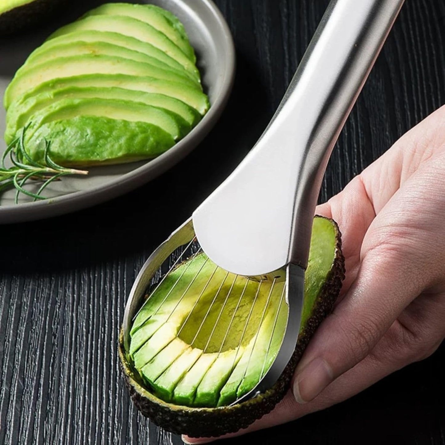 Avocado Slicer – 3-in-1 Avocado Cutting and Pitting Tool – Stainless Steel Pitter, Slicer and Spoon – Multifunctional Fruit Slicer with Green Handle – Kitchen Tool - Image 5